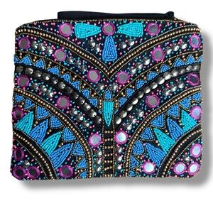 Clements Ribiero Embellished Beaded Black and Blue Clutch Purse Bag